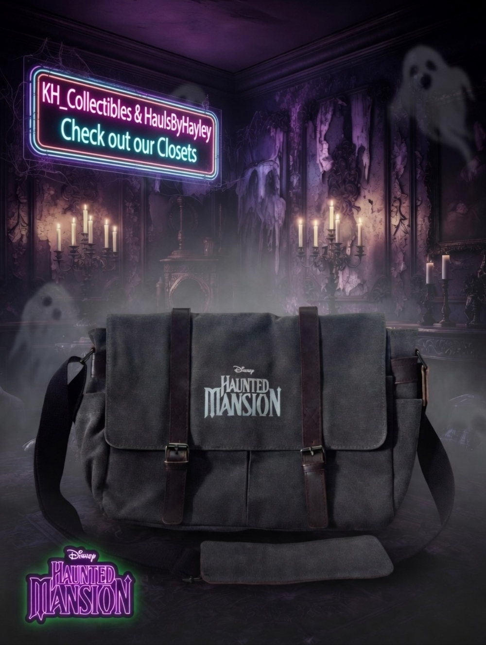 Disney Parks Haunted Mansion Messenger Bag Grey Canvas NWOT